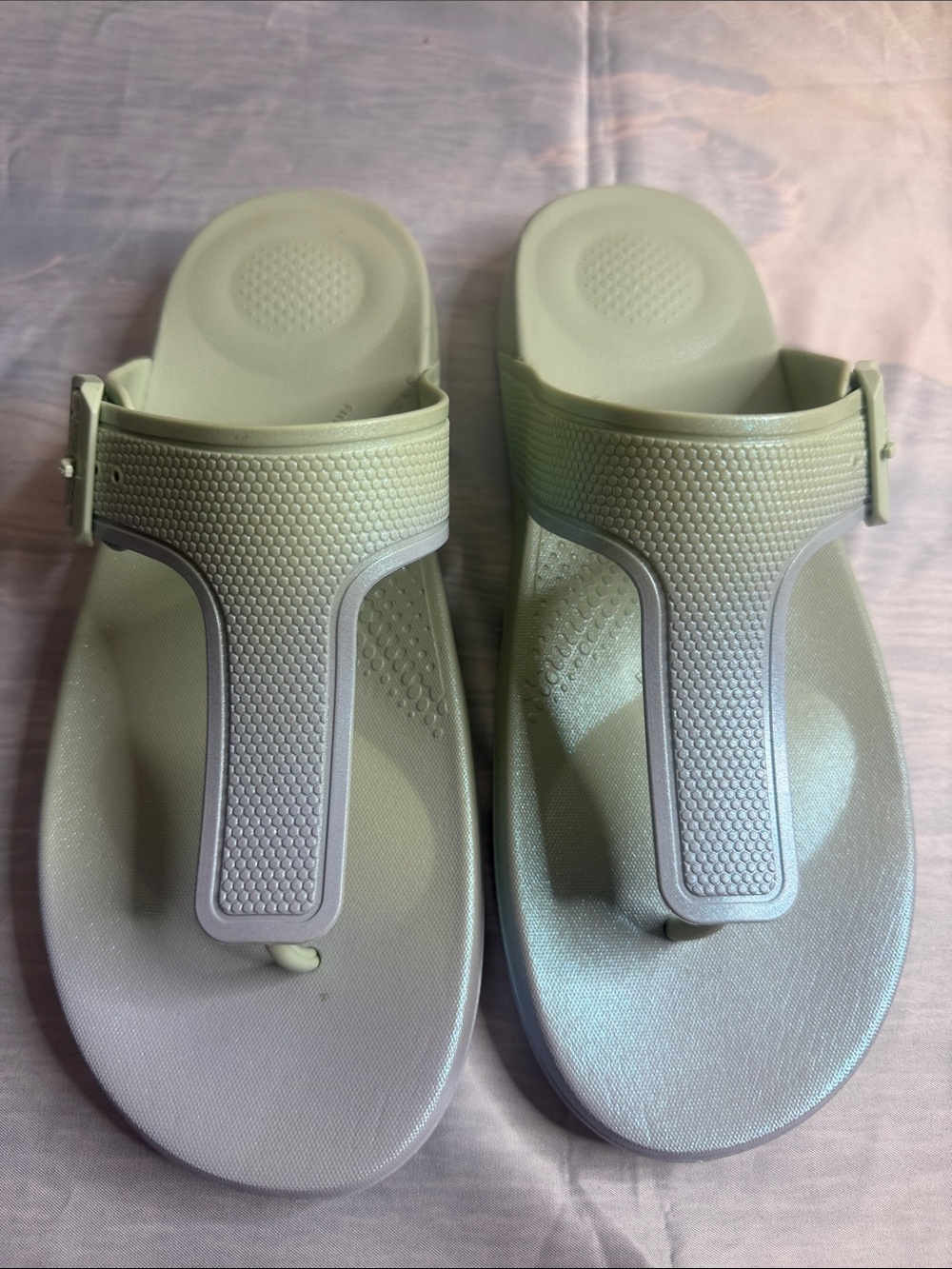 Light Mint Green Textured Thong Sandals Iqusion iridescent adjustable buckle
